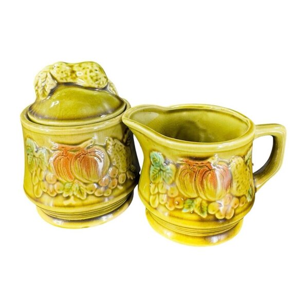 Vintage Ceramic Olive Green Sugar Bowl Creamer Fruit Veggies Made Japan Set - Picture 1 of 16